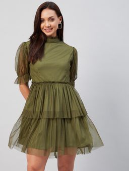RARE - Women Casual Olive Colour Above Knee Solid Dress