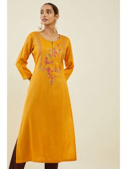 Soch - Mustard Rayon Straight Kurta With Floral Embroidered Designs