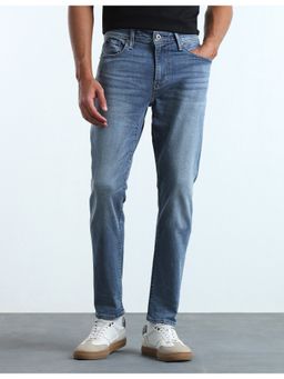 Flying Machine - Men Slash Slim Tapered Fit Whiskered Blue Jeans
