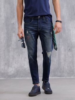 WROGN - Blue Solid Skinny Crop Distressed Jeans