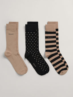 GANT - Mens Printed Beige and Black 3 Pair of Socks