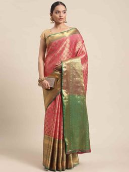 Silk Land - Pure Silk Woven Design Saree with Unstiched Blouse Piece Pink with Unstitched