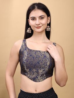 Tikhi Imli - Women Blue Floral Woven Jacquard Corset Style Stitched Blouse