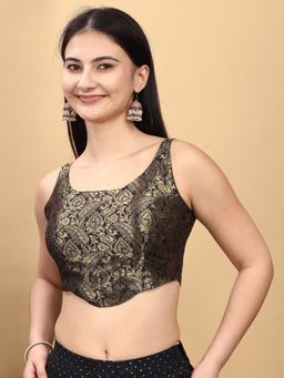 Tikhi Imli - Women Black Floral Woven Jacquard Corset Style Stitched Blouse