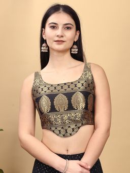 Tikhi Imli - Women Black Floral Woven Jacquard Corset Style Stitched Blouse