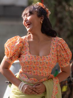 Suta - Women Orange Floral Printed Cambric Cotton Padded Stitched Blouse