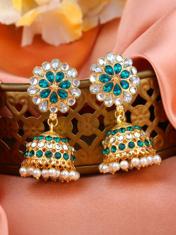 Estele - Gold Plated Floral Designer Meenakari Jhumka Earrings with Green Stones for Women