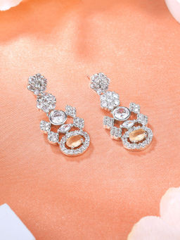 Estele - Rhodium Plated CZ Flower Designer Earrings with Mint Orange & White Stones for Women