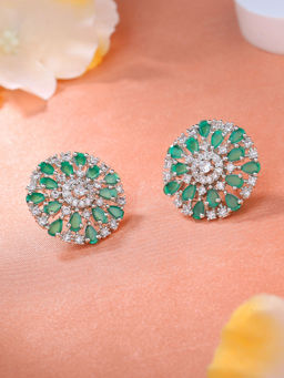 Estele - Rhodium Plated CZ Floret Designer Stud Earrings with Green Stones for Girls & Women