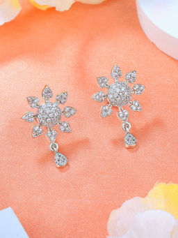Estele - Rhodium Plated CZ Floral Designer Drop Earrings with White Stones for Girls & Women