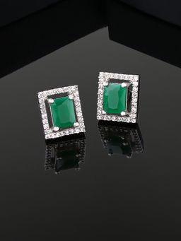Estele - Rhodium Plated CZ Sparkling Designer Stud Earrings with Green Stones for Women