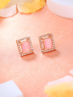 Estele - Rose Gold Plated CZ Classic Designer Stud Earrings with Mint Pink Stones for Women