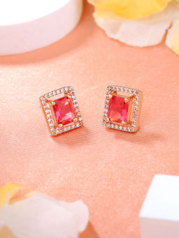 Estele - Rose Gold Plated CZ Sparkling Designer Stud Earrings with Red Stones for Women