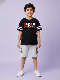KiddoPanti - Boys Black Cotton Typography Drop Shoulder T-Shirt & Cargo Shorts