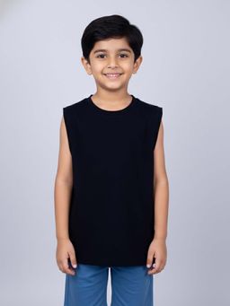 KiddoPanti - Boys Black Cotton Knit Solid Sleeveless T-shirt