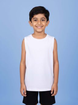 KiddoPanti - Boys White Cotton Knit Solid Sleeveless T-shirt