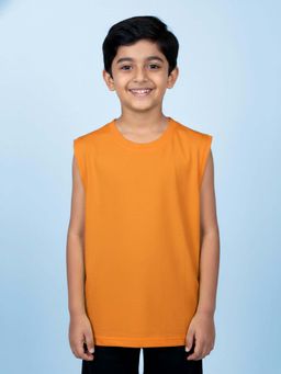 KiddoPanti - Boys Orange Cotton Knit Solid Sleeveless T-shirt