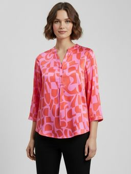 Qurvii - Pink Abstract Print Half Placket Satin Shirt