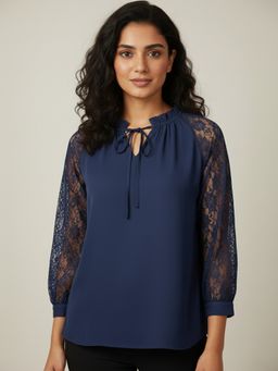 Qurvii - Crepe Regular Fit Navy Blue Top