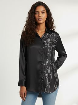 Qurvii - Black Abstract Print Satin Shirt