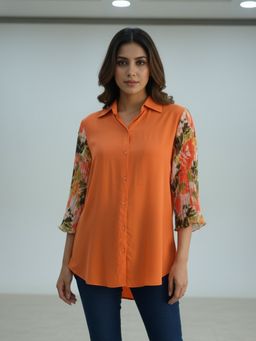 Qurvii - Orange Pleated Floral Sleeves Silkblend Shirt