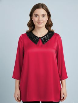 Qurvii - Satin Regular Fit Red Top