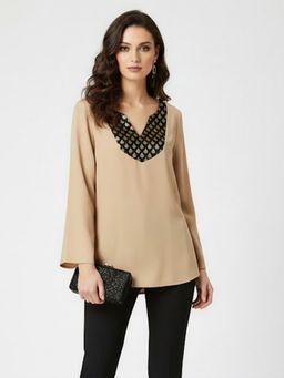 Qurvii - Silk Crepe Regular Fit Beige Top