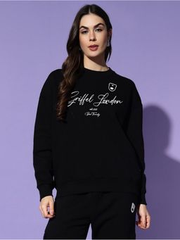 Griffel - Women Winter Wear Oversize Graphic Printed Pullover Black Sweatshirt