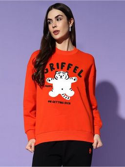 Griffel - Women Winter Wear Oversize Graphic Printed Pullover Orange Sweatshirt