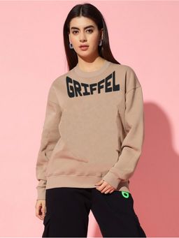 Griffel - Women Winter Wear Oversize Typography Printed Pullover Beige Sweatshirt