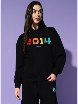 Griffel - Women Winter Wear Oversize Graphic Printed Pullover Black Hoodie