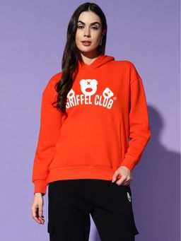 Griffel - Women Winter Wear Oversize Graphic Printed Pullover Orange Hoodie