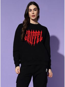 Griffel - Women Winter Wear Oversize Typography Printed Black Sweatshirt