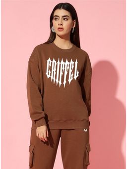 Griffel - Women Winter Wear Oversize Typography Printed Brown Sweatshirt