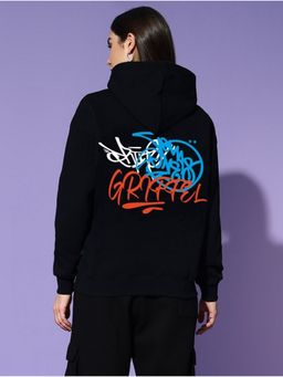 Griffel - Women Winter Wear Oversize Graphic Printed Pullover Black Hoodie