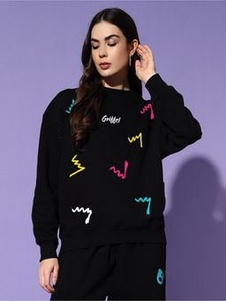 Griffel - Women Winter Wear Oversize Graphic Printed Pullover Black Sweatshirt