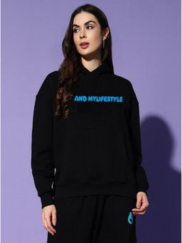 Griffel - Women Winter Wear Oversize Typography Printed Pullover Black Hoodie