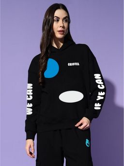 Griffel - Women Winter Wear Oversize Graphic Printed Pullover Black Hoodie