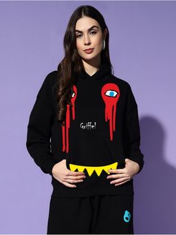 Griffel - Women Winter Wear Oversize Graphic Printed Pullover Black Hoodie