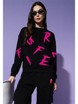 Griffel - Women Winter Wear Oversize Typography Printed Black Sweatshirt