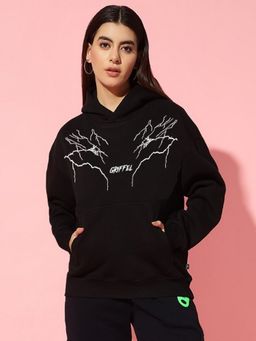 Griffel - Women Winter Wear Oversize Graphic Printed Pullover Black Hoodie