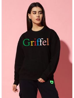 Griffel - Women Winter Wear Oversize Typography Printed Black Sweatshirt