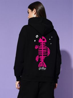 Griffel - Women Winter Wear Oversize Graphic Printed Pullover Black Hoodie