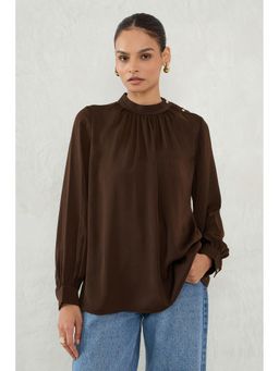Femmella - Women Satin Button Detail Brown Top