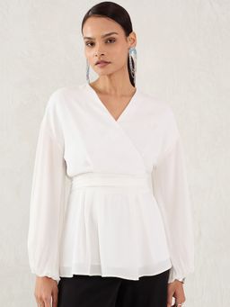Femmella - Satin Wrap Cinched Waist White Top