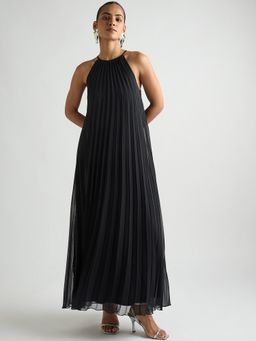 Femmella - Black Halter Neck Pleated Maxi Dress