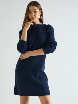 Femmella - Navy Blue High Neck Sweater Knee Length Dress