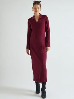 Femmella - Wine Collared Sweater Midi Dress
