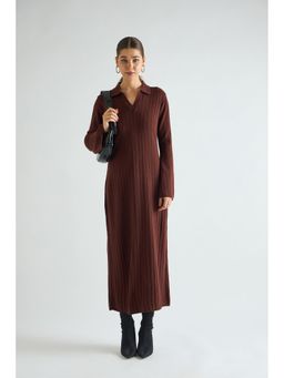 Femmella - Coffee Brown Collared Sweater Midi Dress