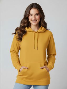 Glito - Women Solid Regular Fit Hooded Pullover Mustard Hoodie